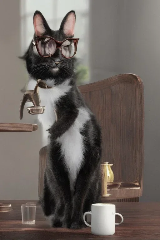 Chat noir en costard avec des lunettes assis à une table avec une tasse de café, ultra réaliste, 4k, haute résolution