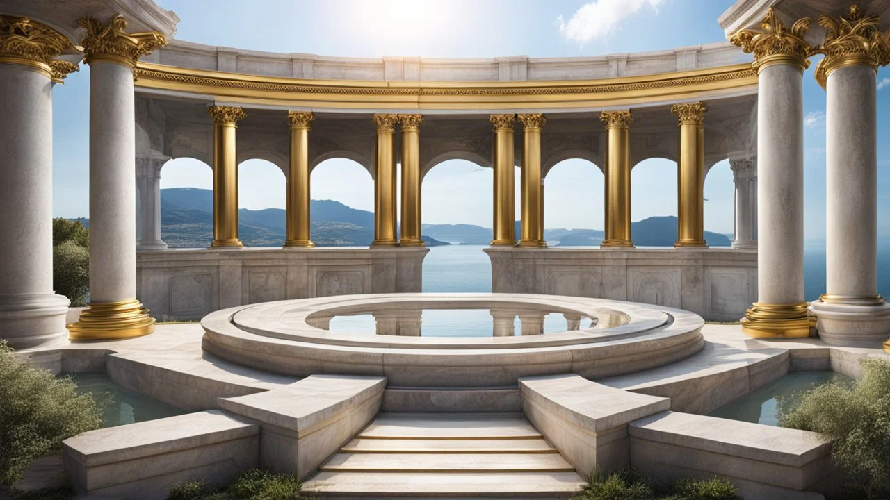 a roman capital divided by a river next to the ocean. seen from a hill. perfect symmetry. marble and gold. fantasy.