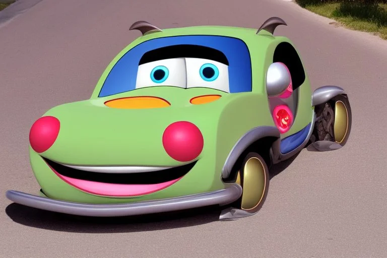 whimsical cartoon car with big eyes and its front grill forming a friendly smile