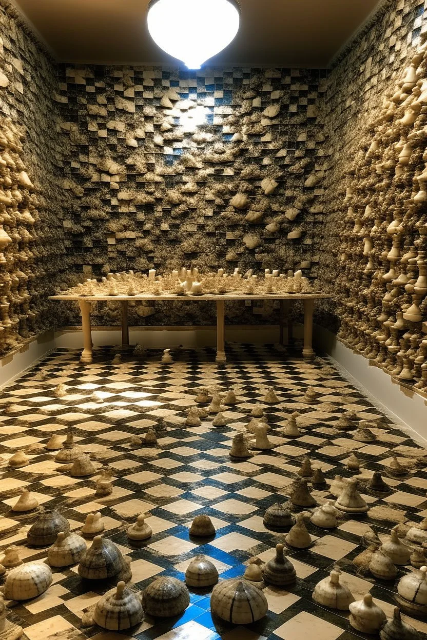 in a room thats just huge sea shells as walls and on the floor in a huge chess board