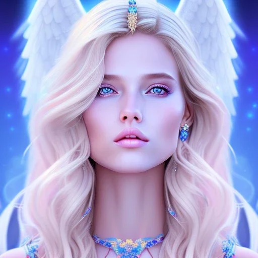 portrait of a beautiful woman with an angel face smiling,long blond hair, blue eyes, pink and blue dress, jewels, soft light aura