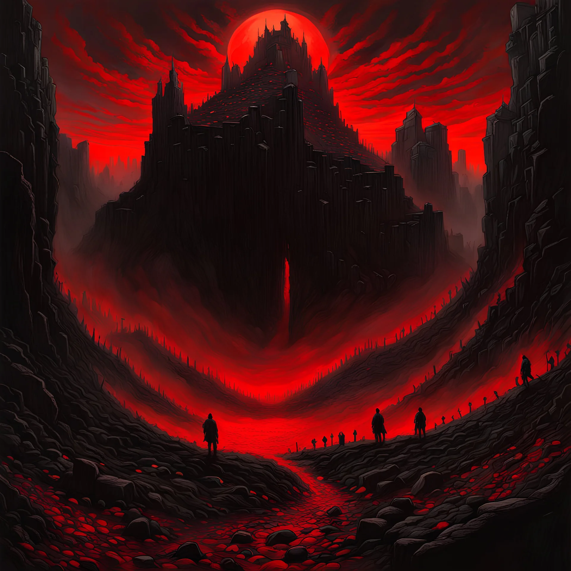 souls partially buried in the rocky ground crawling to get free, in the style of Beksinski, red and black, extremely detailed, dark, with a hint of light and love