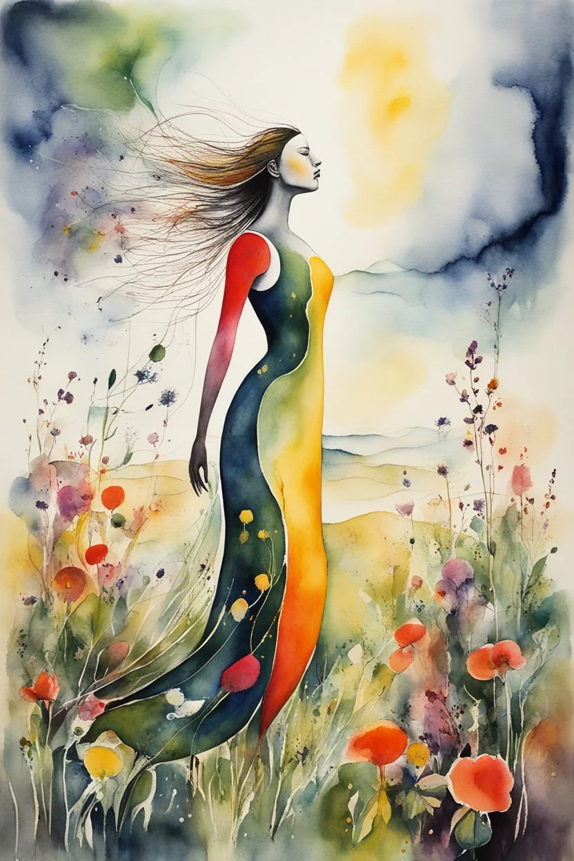 an abstract full body watercolor lithographic print portrait illustration of her subconscious yearning to be as free as the unbridled wind whispering across a vast landscape of wildflowers , neo surrealism, biomorphism, abstract expressionism , striking, atmospheric, dreamlike, mystical, enigmatic, amorphous, in the style of Joan Miro and Roberto Matta, in bold, vibrant plant based organic colors, boldly inked, hyper detailed , highly detailed feminine facial features, 4k