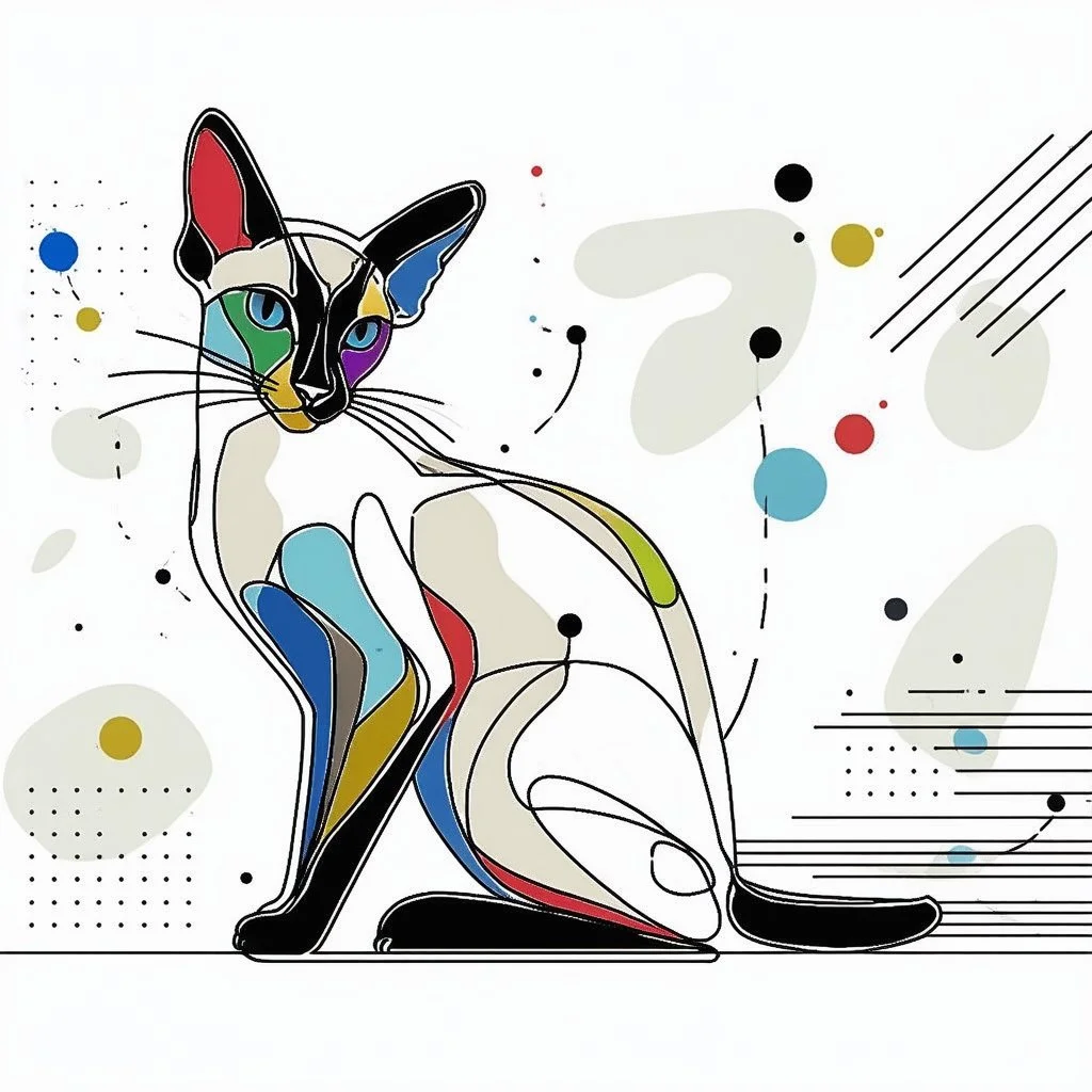 Create an abstract, minimalist Oriental shorthair Siamese cat using continuous line art. The Oriental shorthair Siamese cat is stylized and simplified to the most basic forms, with exaggerated features. adorned with splashes of primary colors. The background should be clean and mostly white, with subtle geometric shapes and thin, straight lines that intersect with dotted nodes and overlap the figures. The overall aesthetic should be modern and artistic.