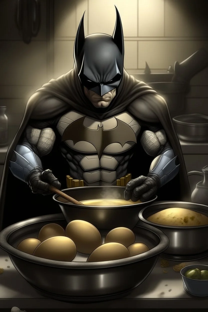 batman cooking eggs (realistic image)