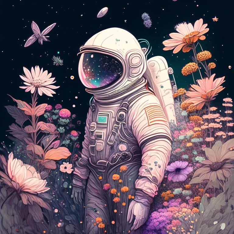 "floral astronaut" hand-drawn digital art, muted tones, flowers everywhere, colorful garden, beautiful galaxy, REALISTIC, anime, 4k, high resolution, full details