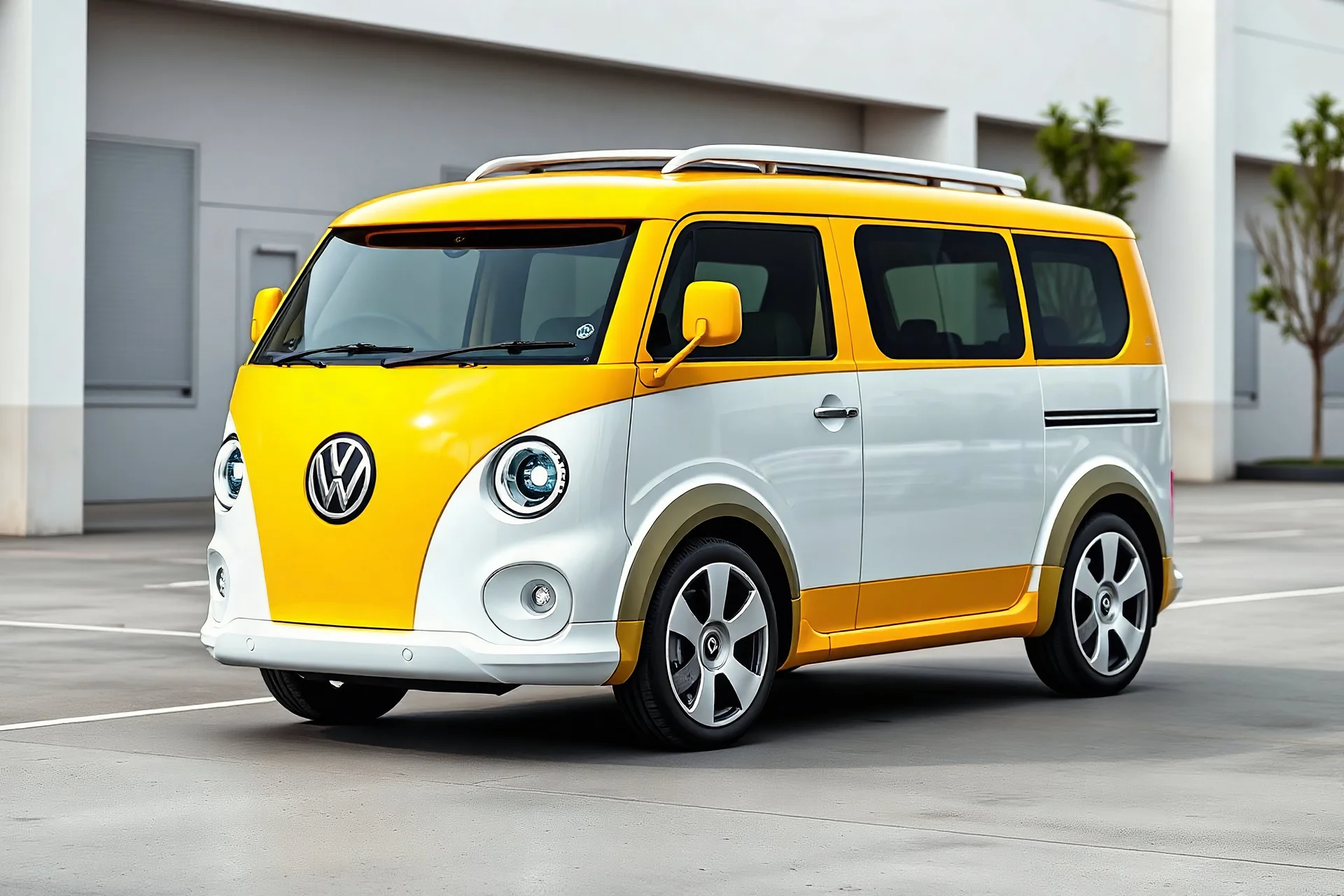 A cool looking modern futuristic 2-tone yellow and white electric vehicle version of an updated Volkswagen microbus with round headlights