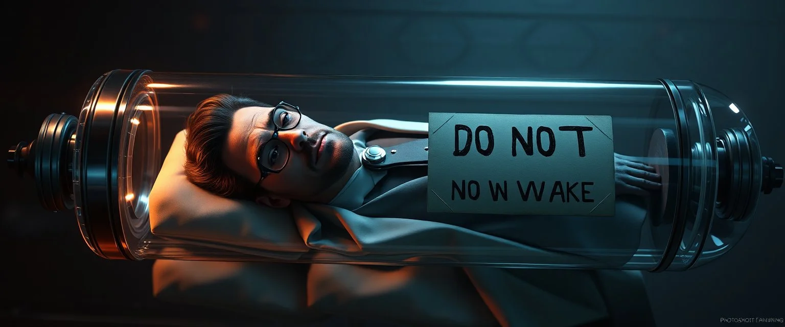 airbrush 3d rendering, mafia Doctor Vex is now officially in stasis. No experiments. No clones. No accidental galaxy-ending breakthroughs. Just a big glass tube with a sign: DO NOT WAKE — PHOTOSHOOT PENDING :)