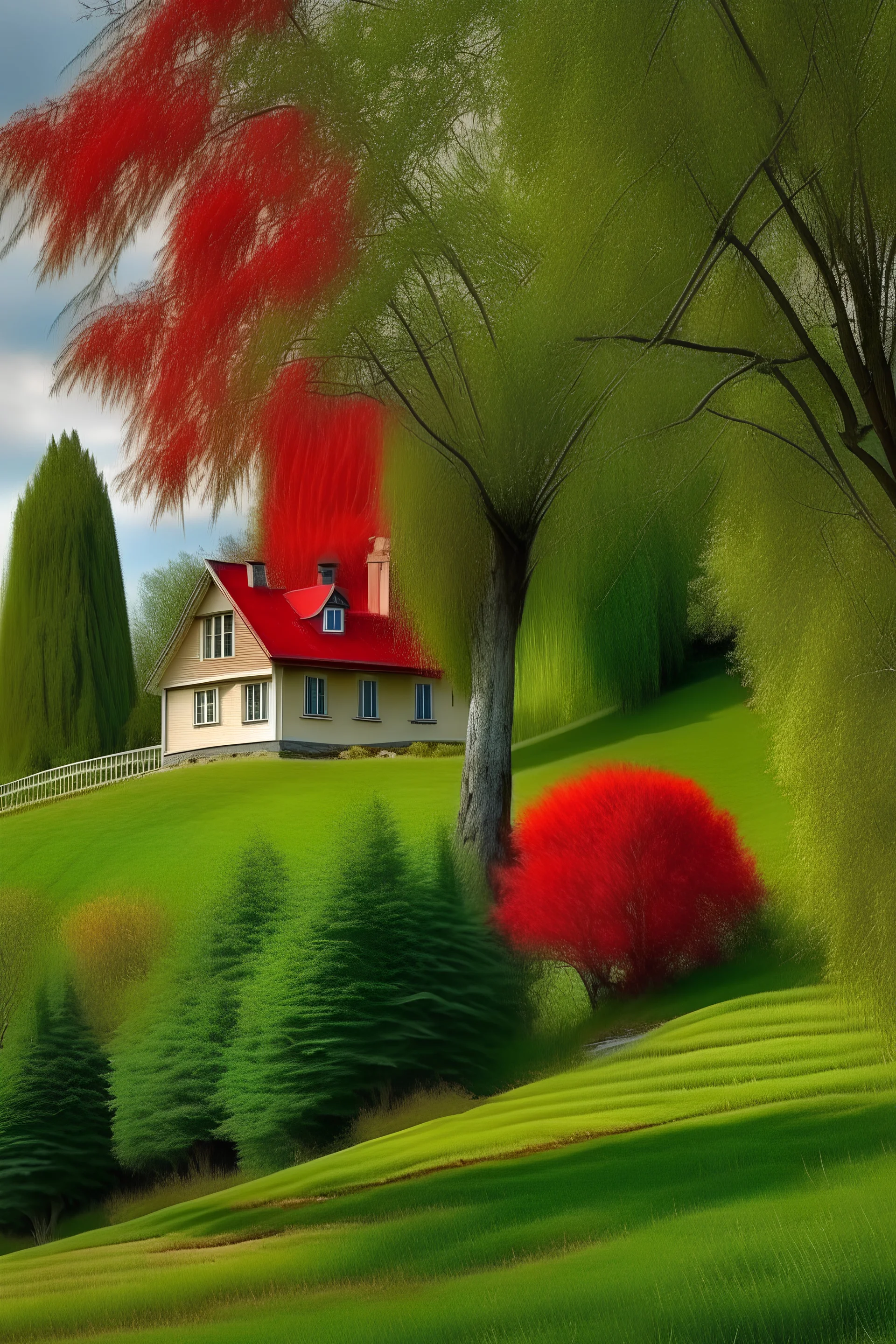 Beautiful house on a hill with red for and green grass and a weeping willow tree and apple tree in front