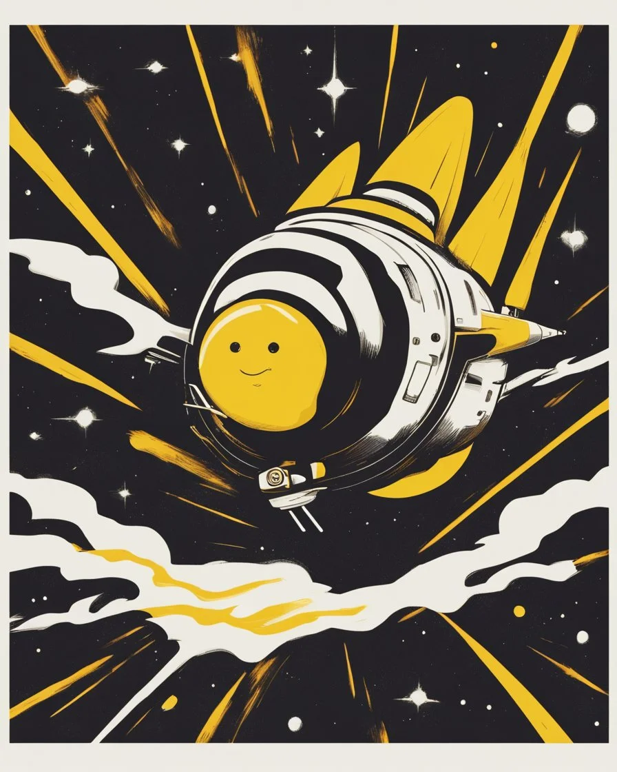 A strange creature flying in space on top of a speeding rocket. It has a head in the shape of a yellow and black circle with yellow edges as well