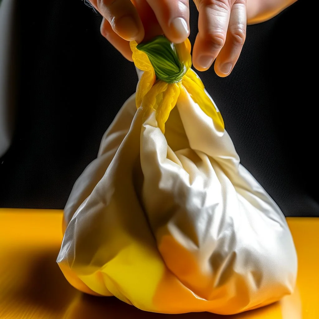 A bag of seasoned garlic descending in a balloon onto the table