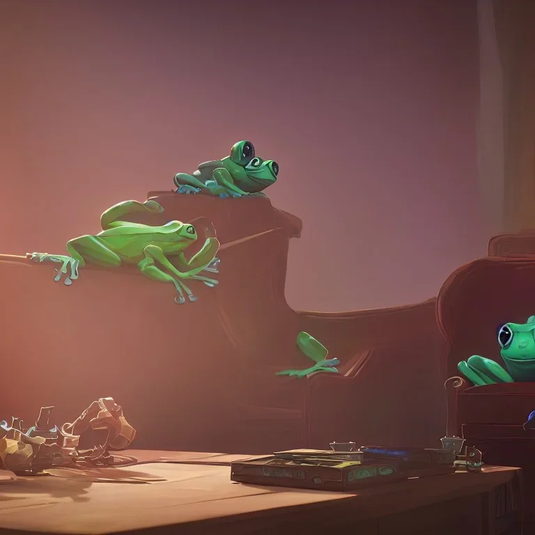 Two frogs sitting on the sofa in the living room and PS4 consoles in their hands,fantasy,4K,8K,16K