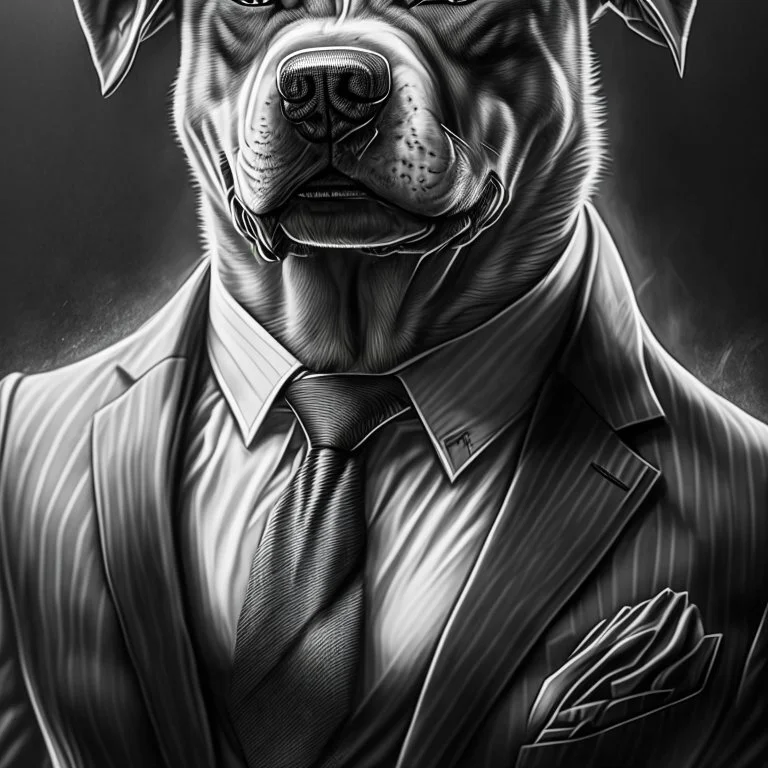 Illustrative sketch of a image of an angry humanoid dog, suit and tie, arte lineal ultra quality, 8k