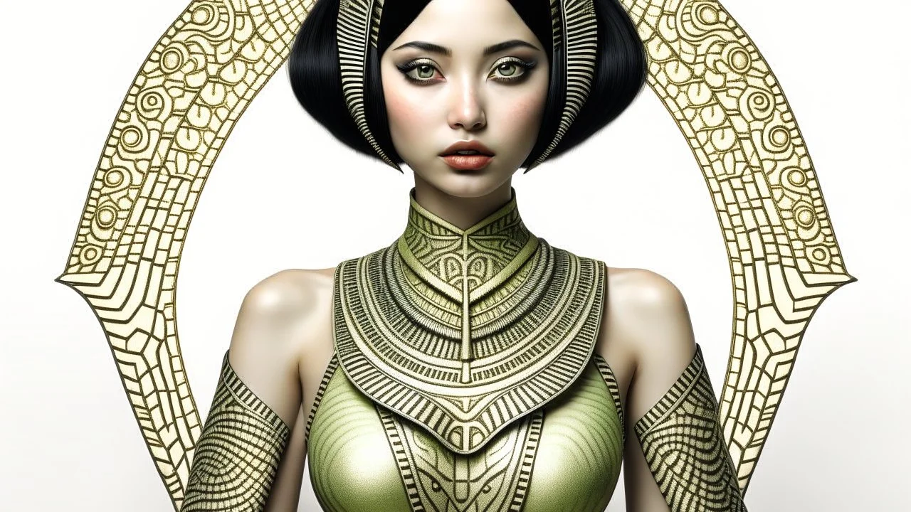 pale alien woman wearing exotic clothing. Black hair bob