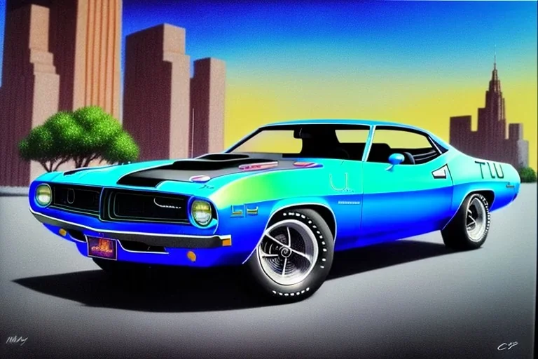 a true-to-life 1971 plymouth cuda 426, centered, intricate, extreme detailed, photorealism, center view, city background, pivot on plymouth, pen and color marker painting by cheryl kelley