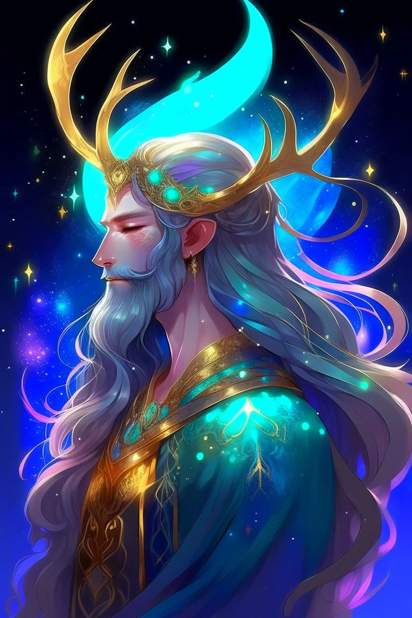 prismatic hair Eladrin astral Male antlers druid beard sparkling radiance prismatic shining starlight enshrouded