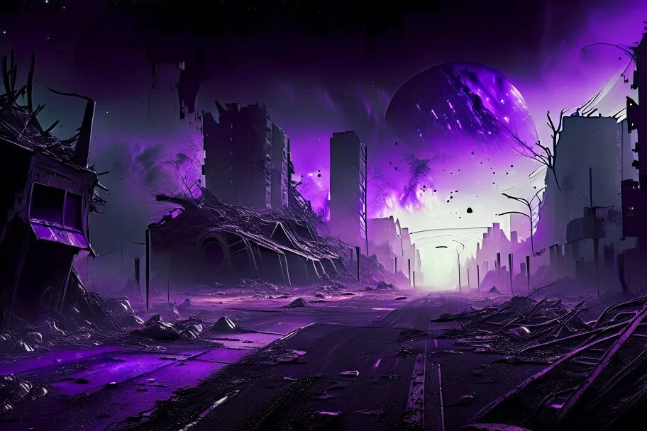 Destroyed City, Street View, Dense Purple Fog, Dead Soil, Broken Roads ,Black Night Sky, Stars, Space, Distant Alien Planets,