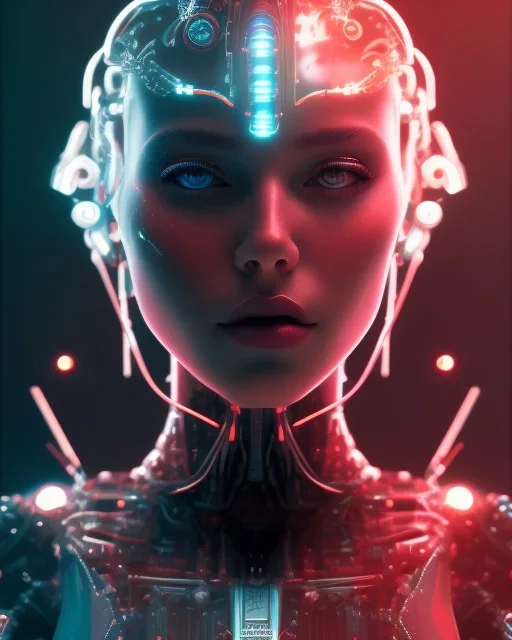 A beautiful portrait of a cyborg women red color scheme, high key lighting, volumetric light high details psychedelic background