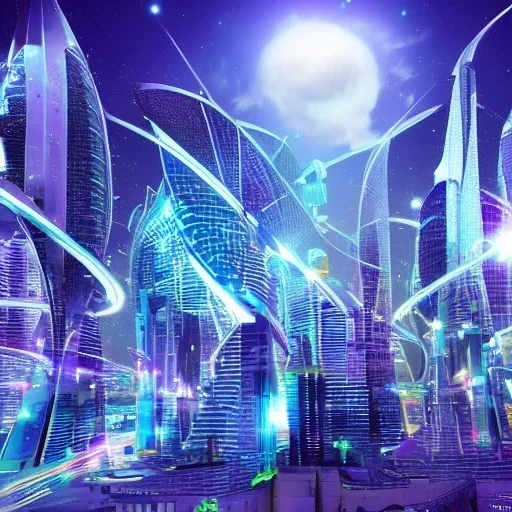 futuristic city shooting stars