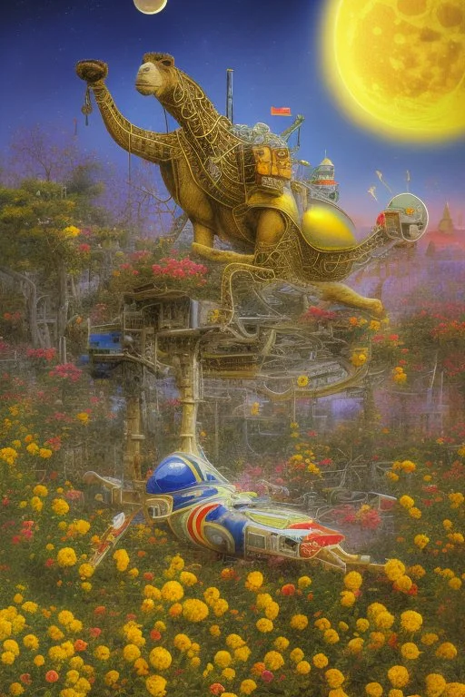 A weird abstract image of an oasis, a camel, astronot, broken bicycle, bush of yellow roses, clear skies with red moon, army tanker, weird, chaos80, surrealism