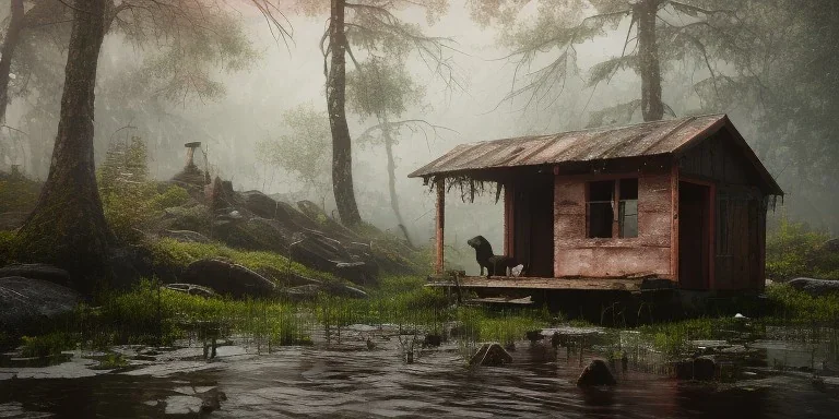 hut abandoned, dog abandoned, inner between mountain, long exposure photography, swamp, water, glass, fog, highly realistic, highly detailed, intricate, 8k