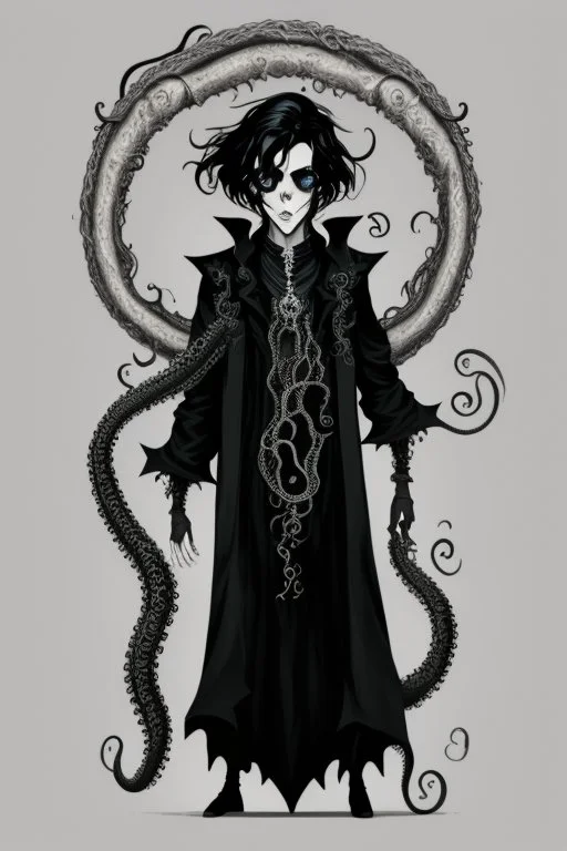 black haired young man necromancer wizard with gothic jewelry and tentacle fingers in the style of H. R. Geiger