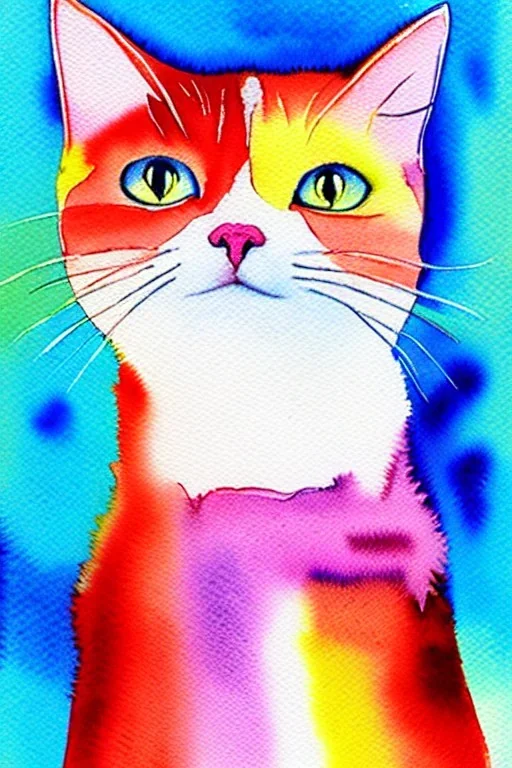 watercolor painting, happy cat, bright color,