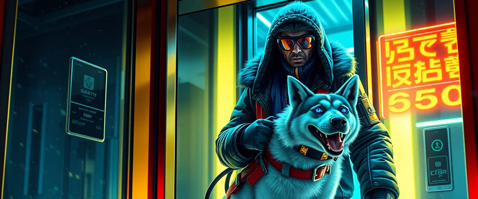 frankie picks up and carries rasta bad ass criminal cyberpunk bard into hi tech glass elevator, he give a thumbs up with blue driving glowes, holding an angry eskimo dog on a leash