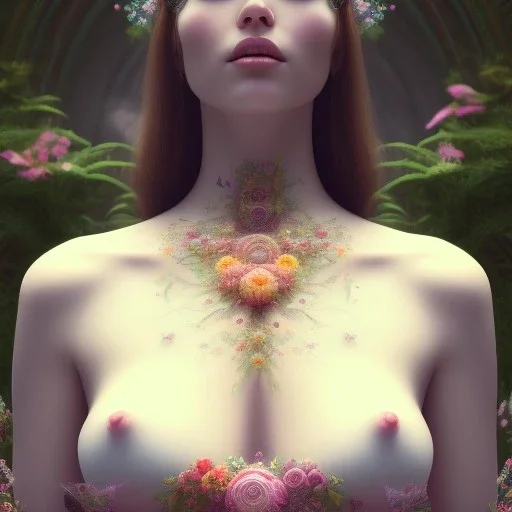 3d smilling woman,topless, full body and face shown, 32K, intricately detailed, plants, flowers, colorful, rtx, unreal engine 5, art nouveau, clouds, smoke, square type face