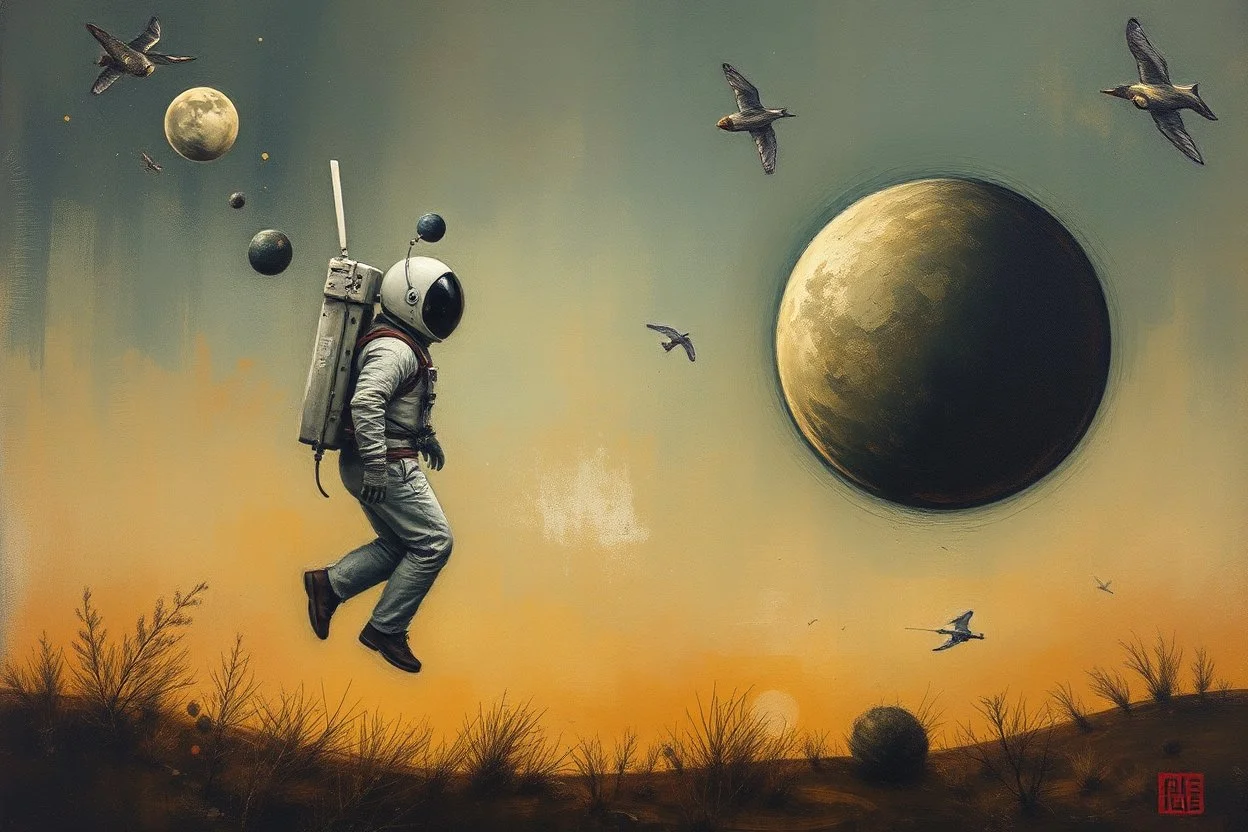 'Cause you and I will be like a couple of cosmonauts Except with way more gravity than when we started off" minimalisric surreal space composition Modifiers: oil on canvas surreal Mixed Media mysterious Impressionism heavy brushstrokes Jamie Heiden Gayane Khachaturian arbitrary colour alteration dmt puff mild exorcism Squeak Carnwath Bif Inc.™