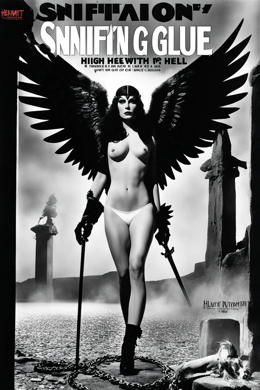 SNIFFIN’ GLUE magazine high res photo cover by Helmut Newton: special 'boundage with heavy chains in hell for her' issue; guest star : Lilitha Embervein with her wings, daughter of the flame-wielding cult of Pyr’Zhar,