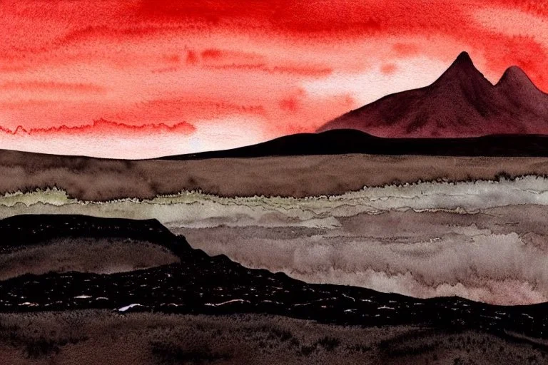 fantasy, illustration, watercolour, inhospitable locale, deserts of black sand, huge plains of dark granite, no water to be found anywhere, and no sunlight, blood-red sky, -brown, -plants, red sky, black sand,