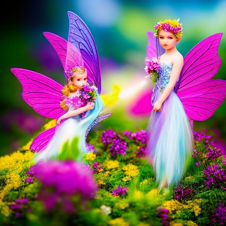 bright fairy, beautiful portrait, flowery landscape