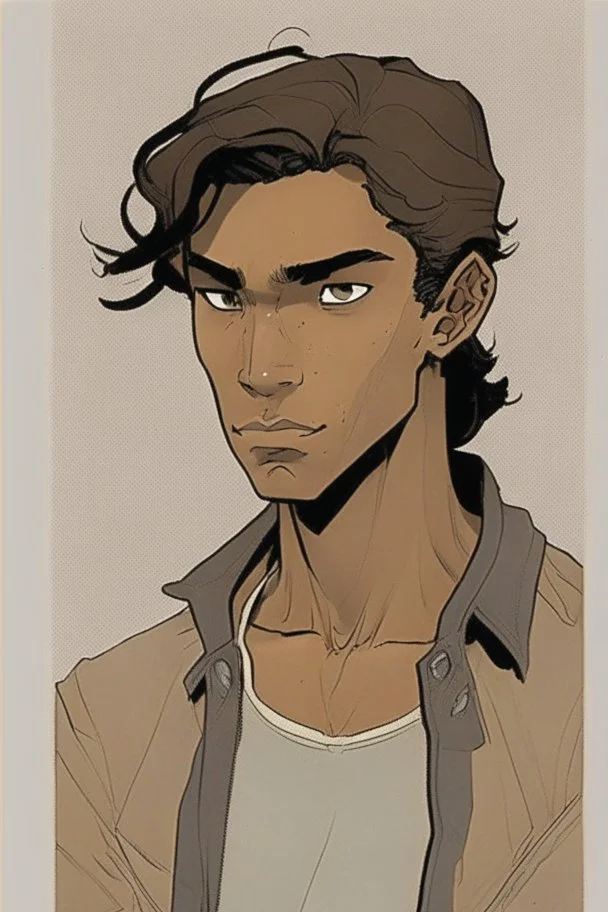 Appearance: Ari has a mixed-race skin tone with a light brown complexion. He has dark hair that falls in messy waves around his face, and his hair length could be somewhere in-between long and short. His face is thin with high cheekbones and dark eyes that are often full of emotion. He stands at around 5 feet 7 inches tall, with a lean build that suggests he doesn't engage in a lot of physical activity.