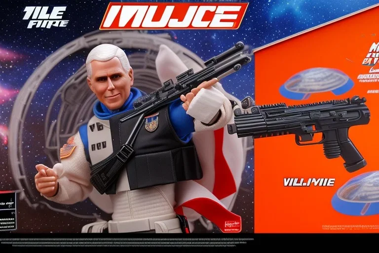 Mike Pence G.I. Joe toy Doll With a gun and Space force uniform inside blister packaging hanging on a Wallrack in toystore, fluorescent, wide angle shot whole body, black boots, laser, pricetag, Jetpack,fullsize