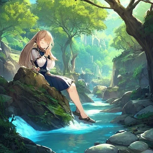 anime girl meditating pose, hands on knees, eyes closed, rock trees, birds, creek