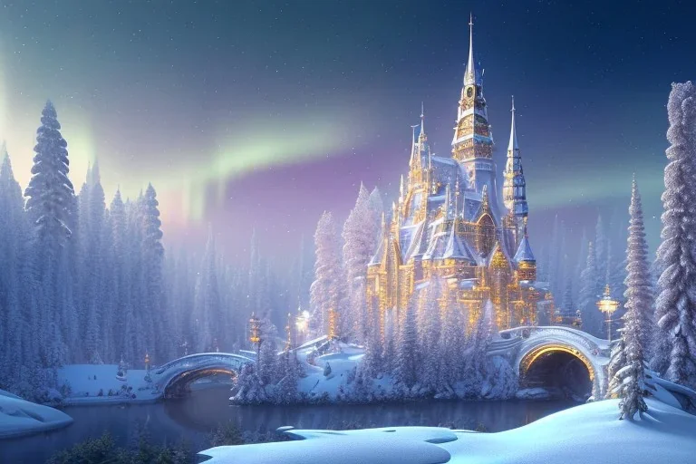  white and gold crystal castle，waterfall, winter snow flakessnow, northern Lights, full of details, smooth, bright sunshine，soft light atmosphere, light effect，vaporwave colorful, concept art, smooth, extremely sharp detail, finely tuned detail, ultra high definition, 8 k, unreal engine 5, ultra sharp focus