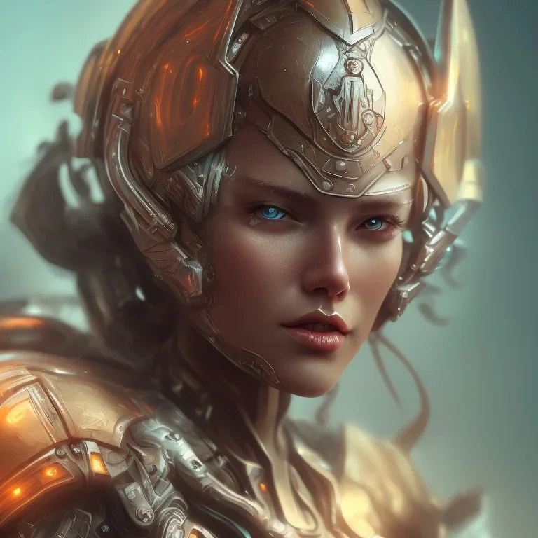 female metal warrior, close up, glowing neon, polished, beautiful, focused, photorealistic, Artstation, 4K, 3D, acrylic.