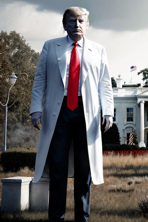 Ultra realistic image night, Donald trump zombie, suit, blood, torn arm, night, the walking dead style, dark ambient, highly detailed, White House background, concept art, unreal engine 5, ray tracing, RTX, focal lighting, ultra detail, volumetric lighting, 3d, finely drawn, high definition, high resolution.