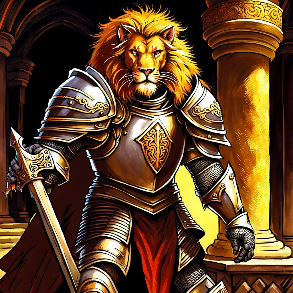 90's fantasy tcg art male knight with lion armor