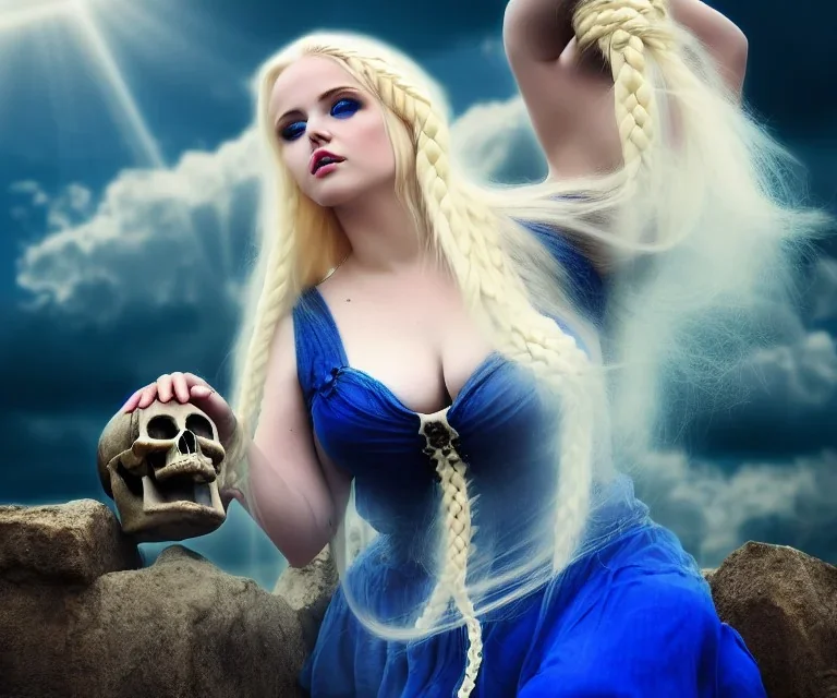 Very sensual gorgeous curvy young white woman blonde hair maiden dressed in blue posing sensually with plaits, and with a skull in her hand, background of ancient marble Roman arcs heavenly sunshine beams divine bright soft focus holy in the clouds steampunk engine steampunk engine.