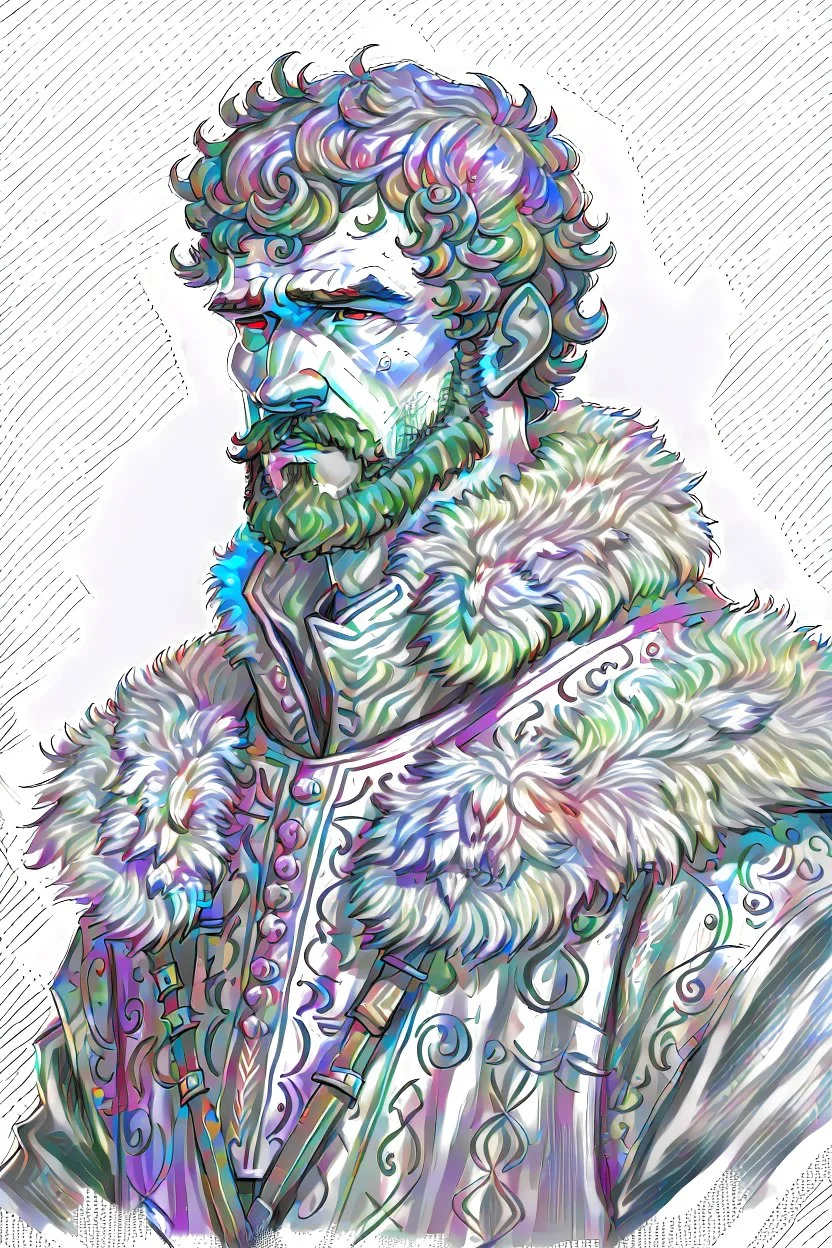 man, age 20, medieval, fighter, russian, croocked nose, czar, rich, simple clothes, short messy hair, thick beard, oligarch, leather coat with fur, colobrocade clothes, pencil drawing, black or red hair, colour, color, farbig