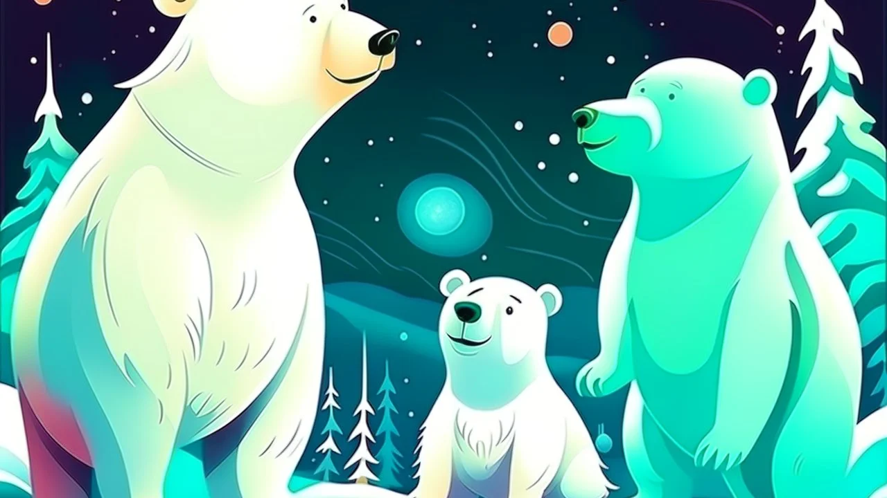 fantasy cartoon illustration: polar bear, Artic white fox and reindeer are looking Norther lights during Christmas party