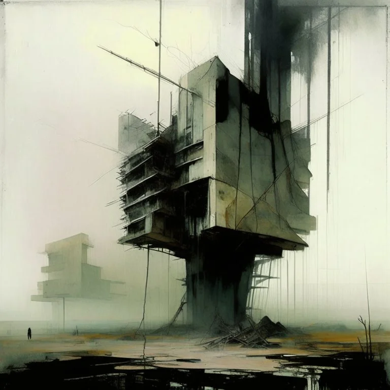 Contemporary abstract painting of Lebbeus Woods brutalist architecture in a wasteland techno decaying landscape. Hazy foggy sky. Concrete ground. Exposed twisted concrete and wires. Style Justin Mortimer and JMW Turner.