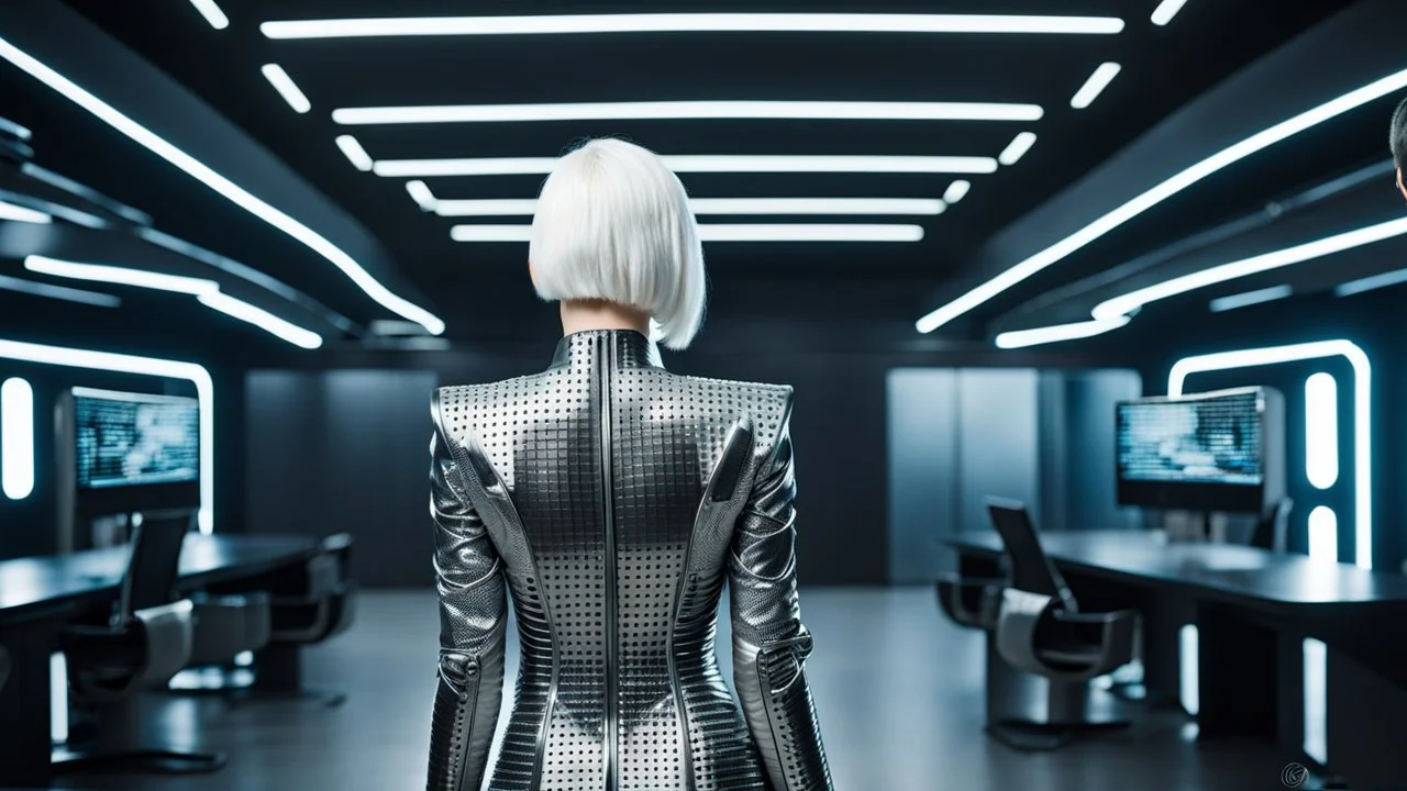 picture from behind the human android female with short white hair, white albino skin , she wearing black-silver-white colors futuristic fashion cloths, full body, she walking in high-tech futuristic office, sci-fi mood, ultra detailed, high contrast, Professional photography