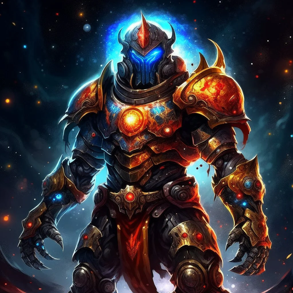 A battle suit made of galaxies and stars with a glove that has seven endless stones Battle armor from the extract of galaxies Battle armor from the extract of galaxies with a fiery sword ,God-like man with infinite power who owns the galaxies and wears a beautiful crown