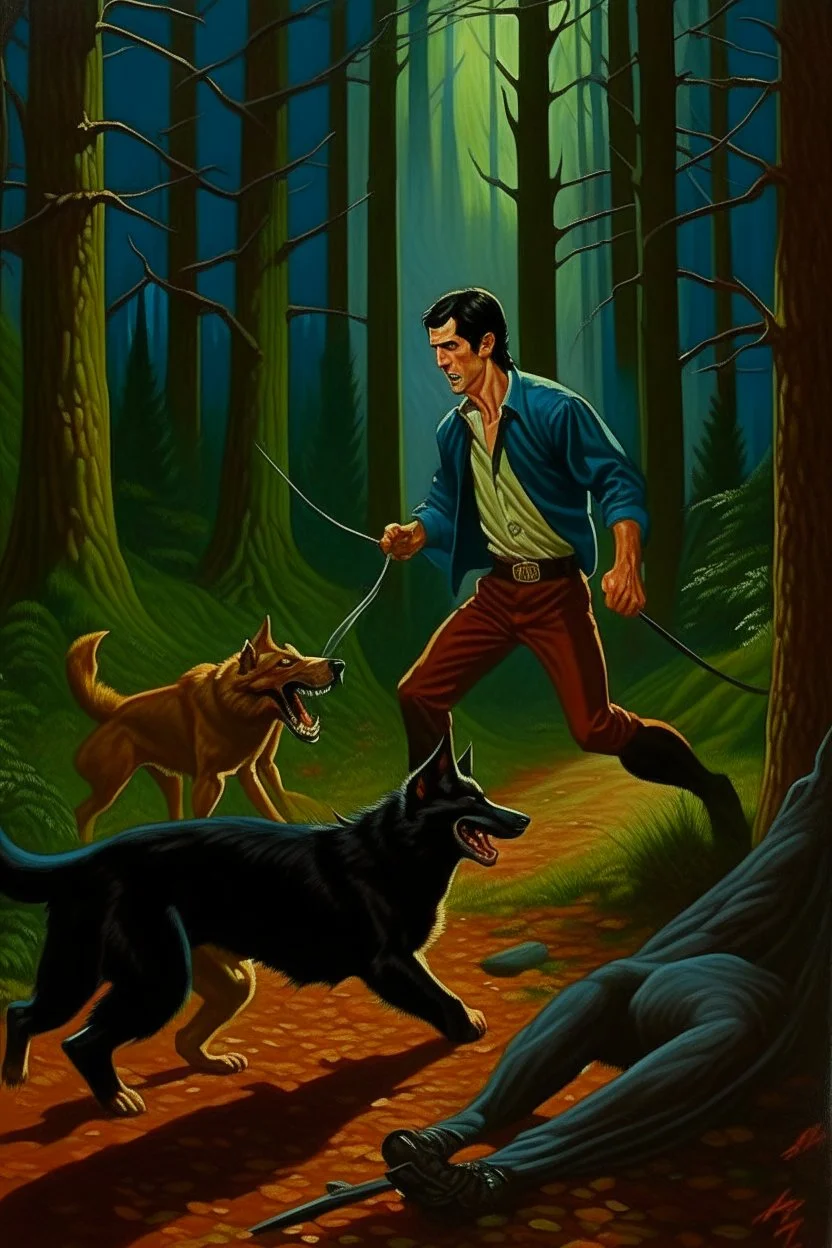 1970's dark fantasy cover dnd style oil painting of jerry seinfeld killing a wolf in the woods in sport outfits with minimalist far perspective.