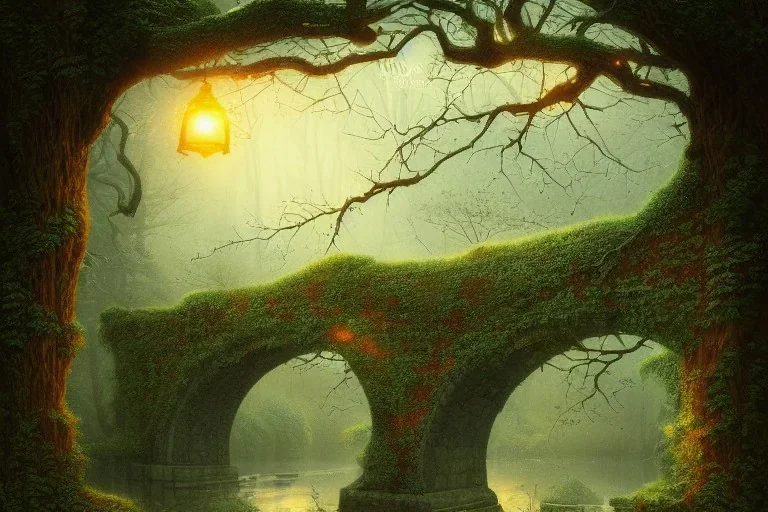 book cover!!!!!!!!!!!!, old bridge, ivy leaves graphic vectors at each border, fantasy forest landscape, fantasy magic, light night, intricate, elegant, sharp focus, illustration, highly detailed, digital painting, concept art, matte, art by wlop and artgerm and ivan shishkin and andrey shishkin, masterpiece