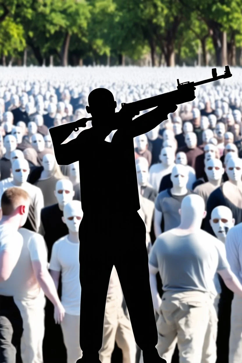 schwarzer drogen dealer mit ak47 zielt auf eine große gruppe unschuldiger menschen mit weißer haut bereit sie alle zu töten