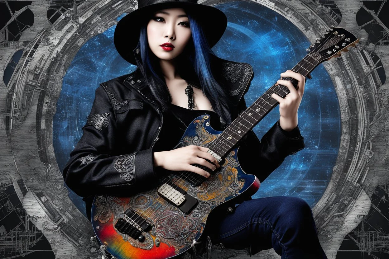 Mixed media picture, the background is black and white line art 3d cyber city In the middle a colorful photo of an attraktive goth asian man playing on the old guitare , wearing goth dark blue clothsirt, shiny black jeans, steampunk black hat and black boots, his hair is deep blue-black-silver colors, enhancing the contrast between her and the black and white cityscape space